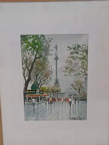 H1008-Aquarell-Stadtbild-Gemälde-Passepartout-signiert-gerahmt-Bild-Malerei