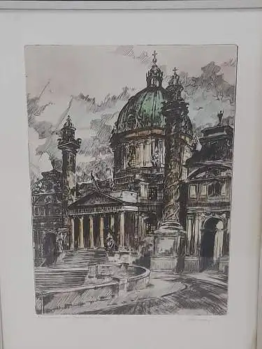 H1006-Stadtbild-Karlskirche-Original-Radierung-handkoloriert-signiert-gerahmt-