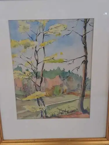 H1000-Landschaftsbild-Aquarell-Gemälde-Passepartout-signiert-gerahmt-datiert-