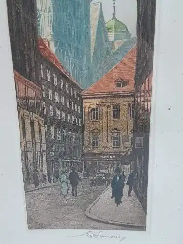 H868-original-Farbradierung-Innere Stadt-Stadtbild-Gemälde-signiert-gerahmt-Bild