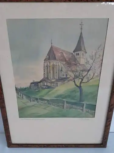 H879-Landschaftsbild-Aquarell-Kirche-Bild-Gemälde-signiert-gerahmt-Passepartout-