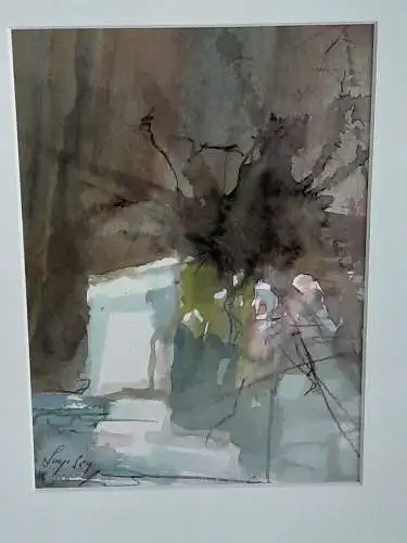 H947-Aquarell-Bild-Gemälde-Passepartout-signiert-datiert-gerahmt-
