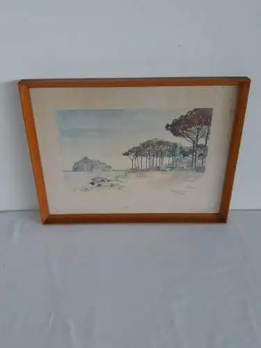 H959-Aquarell-Landschaftsbild-Bild-Gemälde-signiert-gerahmt-Passepartout-