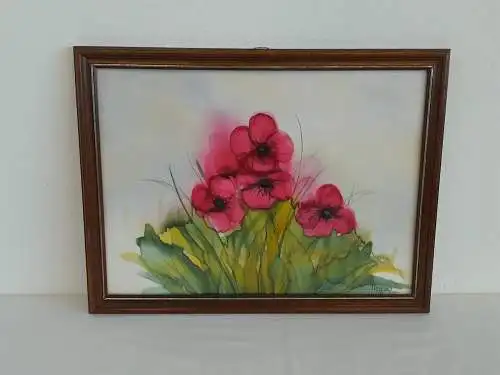 H738-Blumenbild-Seidenmalerei-Bild-Gemälde-Blumen-gerahmt-signiert-datiert-