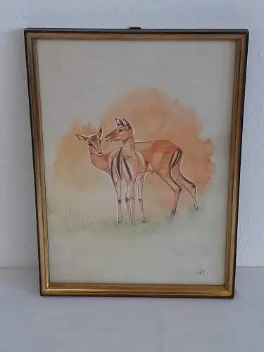 H754-Tierbild-Gemälde-Bild-Rehe-Rehbild-Mischtechnik-gerahmt-monogrammiert-