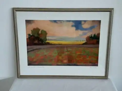 H686-Aquarell-Landschaftsbild-Gemälde-Bild-Mohnfeld-signiert-gerahmt-