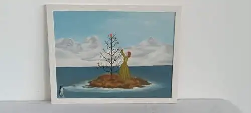 H652-Bild-Gemälde-auf Holz-signiert-gerahmt-Frau-Landschaft-