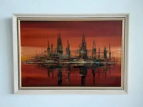 H658-Gemälde-Skyline-Bild-Öl auf Leinen-Ölbild-signiert-gerahmt-