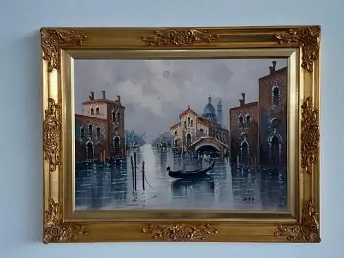 H657-Gemälde-Öl auf Leinen-Venedig-Bild-Ölbild-Prunkrahmen-signiert-gerahmt-