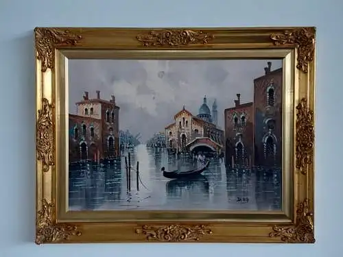 H657-Gemälde-Öl auf Leinen-Venedig-Bild-Ölbild-Prunkrahmen-signiert-gerahmt-