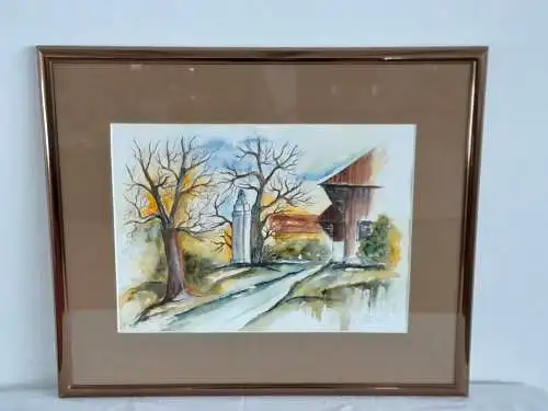 H633-Aquarell-Landschaftsbild-Gemälde-Passepartout-signiert-gerahmt-datiert-