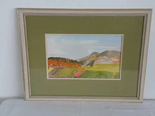 H636-Aquarell-Landschaftsbild-Bild-Gemälde-Passepartout-signiert-gerahmt-datiert