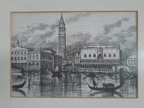 H649-Kohlezeichnung-Venedig-Bild-Gemälde-Passepartout-gerahmt-