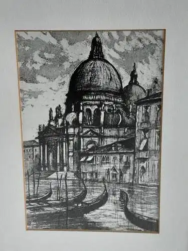 H648-Kohlezeichnung-Tusche-Venedig-Gemälde-Bild-Passepartout-gerahmt-