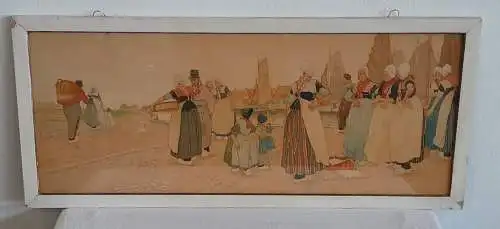 H516-Colorierte-Lithographie-Holländisches Motiv-Gemälde-Bild-gerahmt-