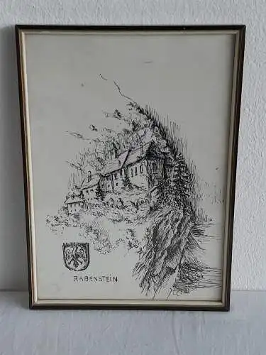 H520-Stadtbild-Rabenstein-Gemälde-Tuschezeichnung-gerahmt-Zeichnung-Bild-