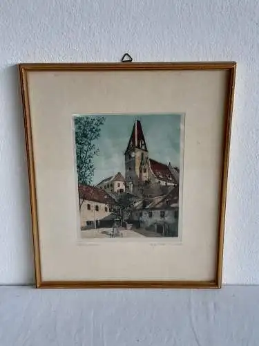 H543-Landschaftsbild-original-Farbradierung-Stadtbild-Gemälde-Bild-signiert-