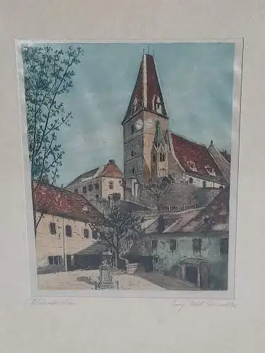 H543-Landschaftsbild-original-Farbradierung-Stadtbild-Gemälde-Bild-signiert-