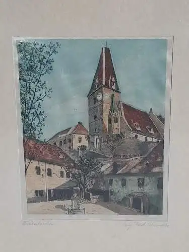 H543-Landschaftsbild-original-Farbradierung-Stadtbild-Gemälde-Bild-signiert-