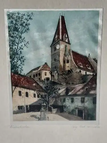 H543-Landschaftsbild-original-Farbradierung-Stadtbild-Gemälde-Bild-signiert-