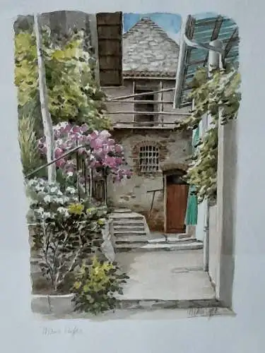 H531-Aquarell-Stadtbild-Bild-Gemälde-signiert-gerahmt-hinter Glas-