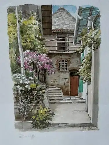 H531-Aquarell-Stadtbild-Bild-Gemälde-signiert-gerahmt-hinter Glas-