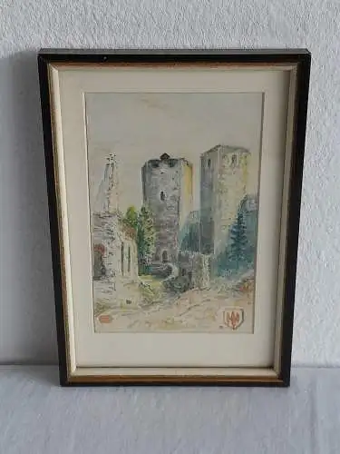 H532-Stadtbild-Aquarell-Gemälde-Bild-signiert-gerahmt-