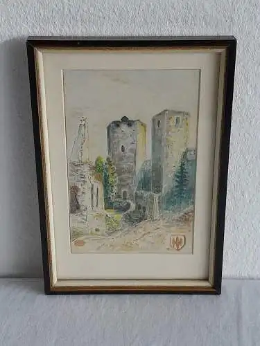 H532-Stadtbild-Aquarell-Gemälde-Bild-signiert-gerahmt-