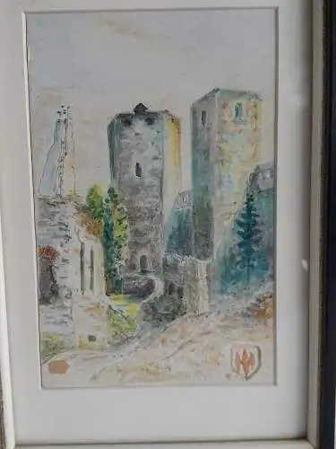 H532-Stadtbild-Aquarell-Gemälde-Bild-signiert-gerahmt-