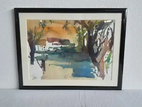 H534-Landschaftsbild-Naturbild-Aquarell-Gemälde-Bild-Passepartout-signiert-