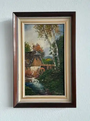 H535-Ölbild-Gemälde-Landschaftsbild-Öl auf Holz-signiert-gerahmt-Mühle-Bach-