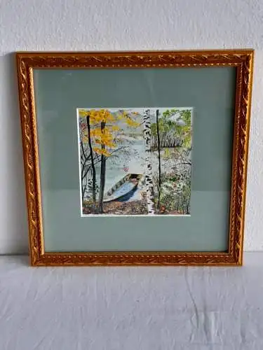 H536-Landschaftsbild-Aquarell-Kanu am See-Passepartout-hinter Glas-gerahmt-