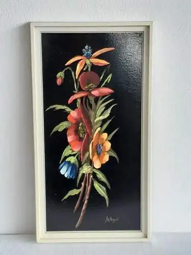 H537-Blumenbild-Gemälde-Öl auf Holz-Bild-gerahmt-monogrammiert-Blumen-