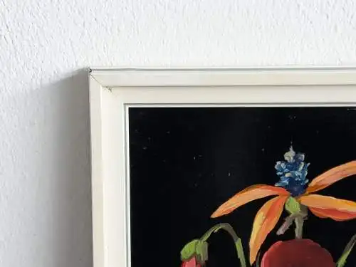 H537-Blumenbild-Gemälde-Öl auf Holz-Bild-gerahmt-monogrammiert-Blumen-