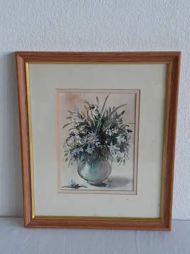 H544-Stillleben-Aquarell-Bild-Gemälde-Blumen in der Vase-Passepartout-gerahmt-