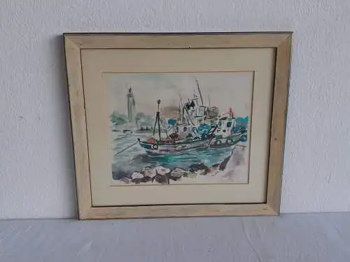 H545-Aquarell-Gemälde-Bild-Boote im Hafen-Passepartout-hinter Glas-signiert-