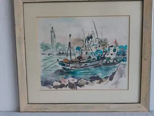 H545-Aquarell-Gemälde-Bild-Boote im Hafen-Passepartout-hinter Glas-signiert-