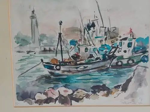 H545-Aquarell-Gemälde-Bild-Boote im Hafen-Passepartout-hinter Glas-signiert-