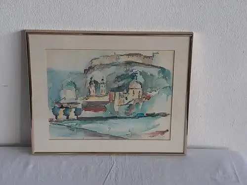 H561-Landschaftsbild-Aquarell-Bild-Landschaftsgemälde-Passepartout-gerahmt-