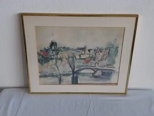 H564-Stadtbild-Aquarell-Gemälde-Bild-gerahmt-Passepartout