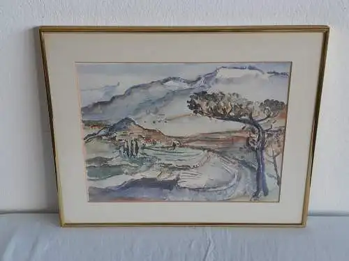 H565-Landschaftsbild-Aquarell-Gemälde-Bild-Passepartout-signiert-gerahmt-