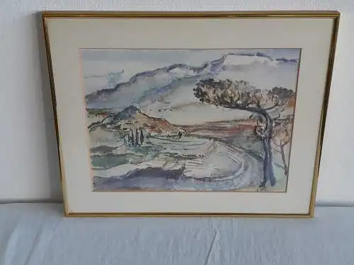 H565-Landschaftsbild-Aquarell-Gemälde-Bild-Passepartout-signiert-gerahmt-