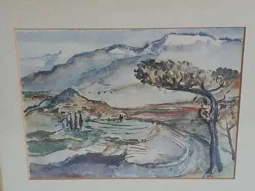 H565-Landschaftsbild-Aquarell-Gemälde-Bild-Passepartout-signiert-gerahmt-