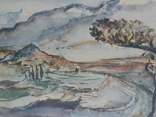 H565-Landschaftsbild-Aquarell-Gemälde-Bild-Passepartout-signiert-gerahmt-