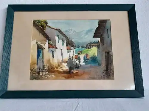 H571-Landschaftsbild-Aquarell-Passepartout-Gemälde-Bild-gerahmt-