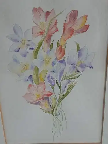 H475-Aquarell-Stillleben-Blumenstrauß-Passepartout-hinter Glas-auf Papier-Bild