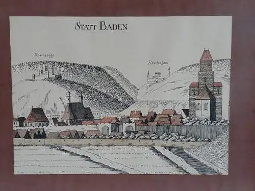 H483-Tuschezeichnung-Stadt Baden-Gemälde-Bild-gerahmt-hinter Glas-Passepartout