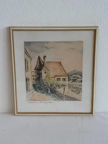 H496-Aquarell-Tusche-Aqaurell-der Tabor 1968-Gemälde-Bild-gerahmt-Passepartout-