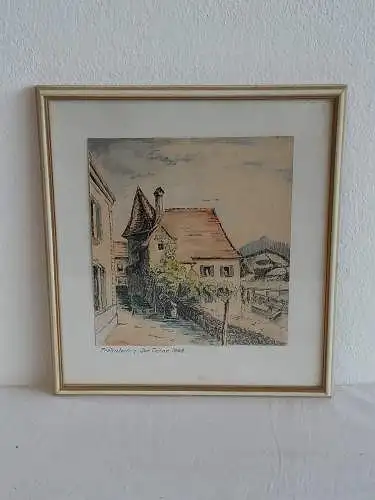 H496-Aquarell-Tusche-Aqaurell-der Tabor 1968-Gemälde-Bild-gerahmt-Passepartout-