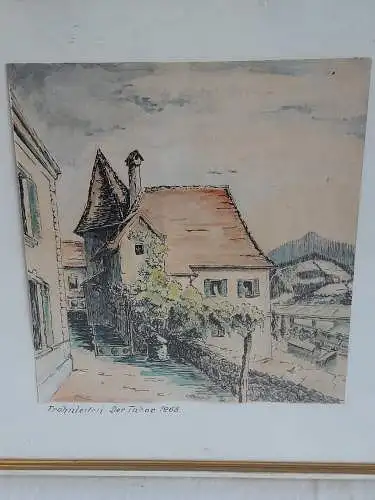 H496-Aquarell-Tusche-Aqaurell-der Tabor 1968-Gemälde-Bild-gerahmt-Passepartout-